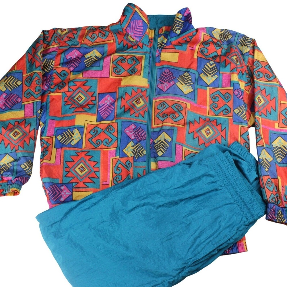 Vintage 90s Tracksuit Women S Abstract Geometric Windbreaker Jacket Jogger Pants